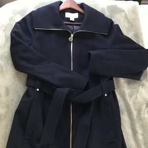 MICHAEL Michael Kors Navy Belted Wool Blend Zip Front Coat Women’s. Size S